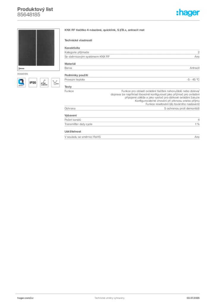 Obrázek Hager Produktový list 85648185 | Hager