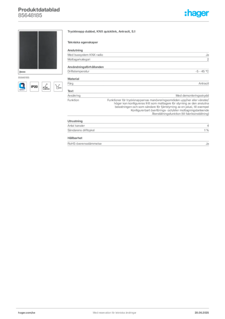 Bild Hager Produktdatablad 85648185 | Hager Sverige