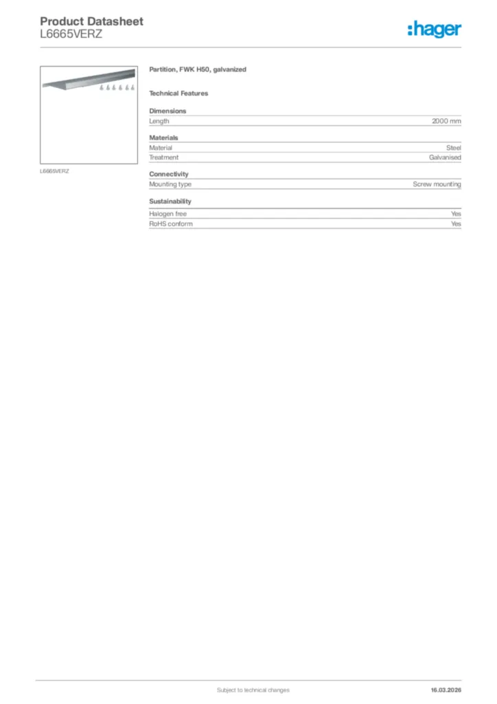 Image Hager Product data sheet L6665VERZ  | Hager Africa