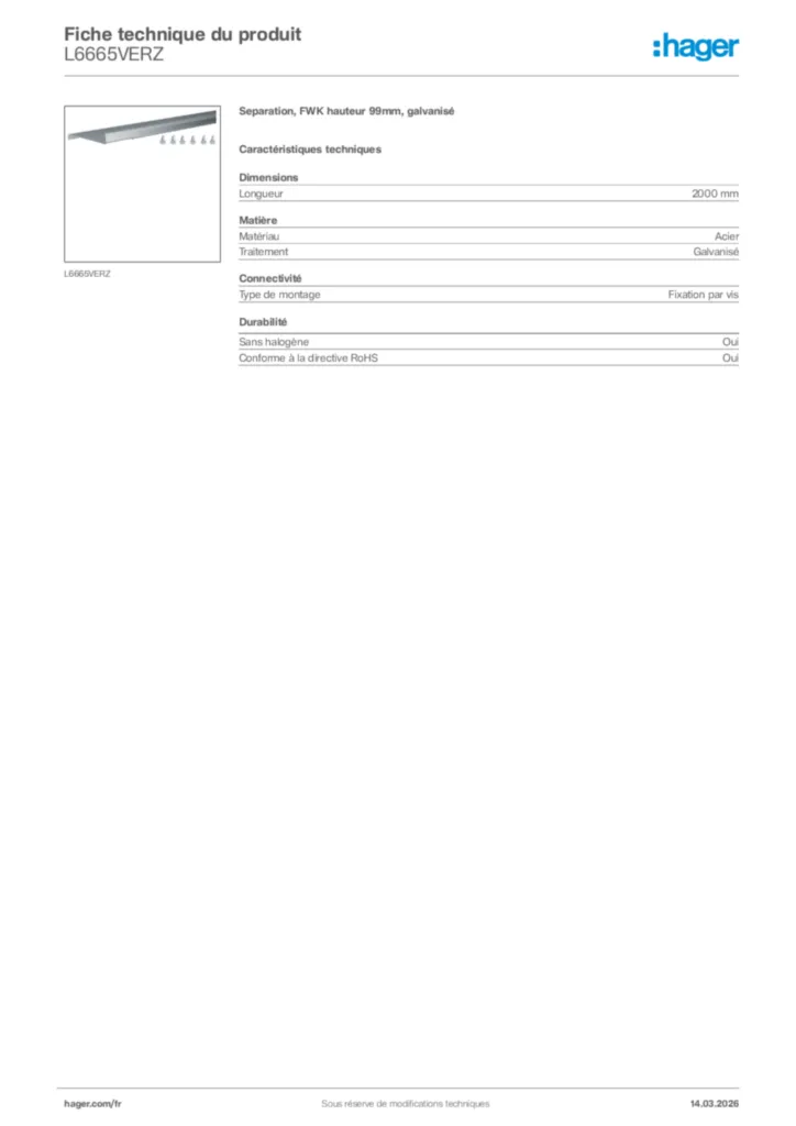 Image Hager Fiche technique du produit L6665VERZ | Hager France