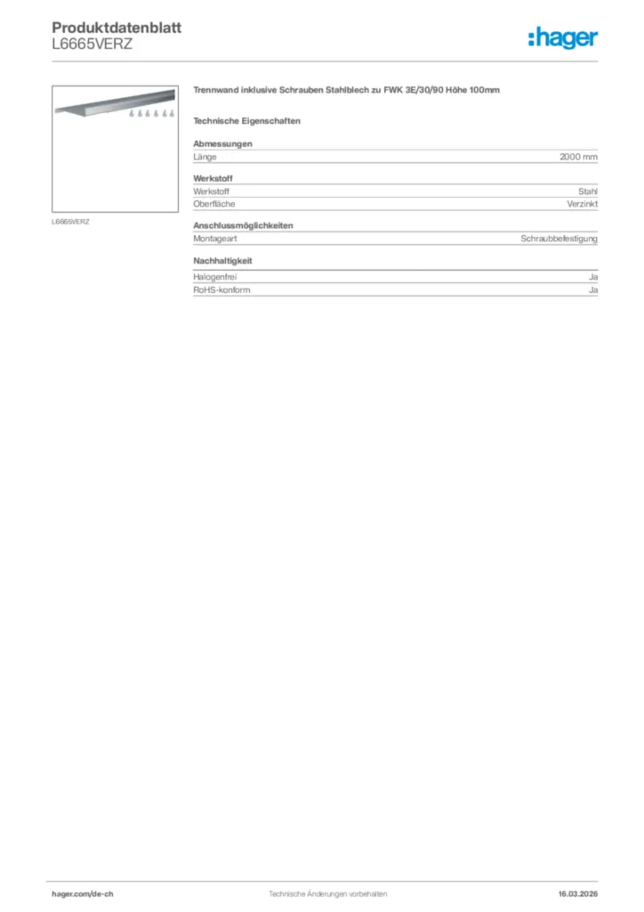 Bild Hager Produktdatenblatt L6665VERZ | Hager Schweiz