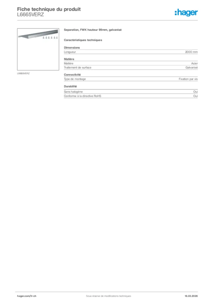 Image Hager Fiche technique du produit L6665VERZ | Hager Suisse