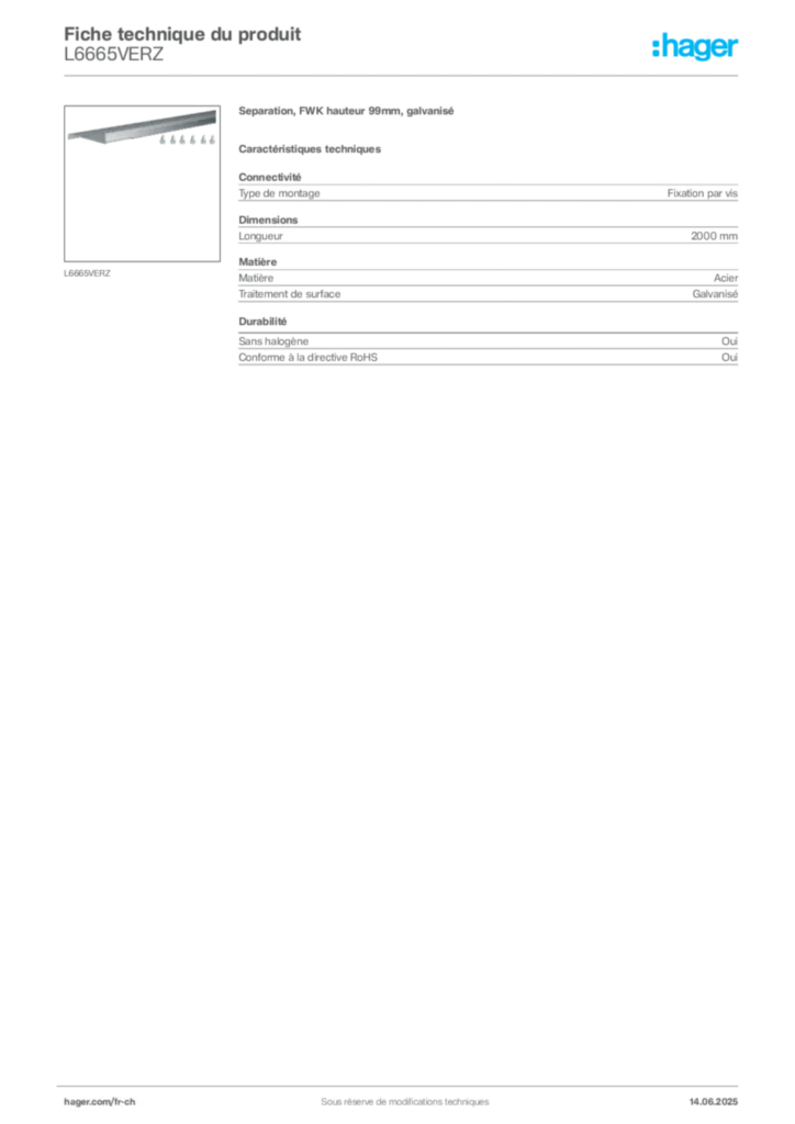 Image Hager Fiche technique du produit L6665VERZ | Hager Suisse