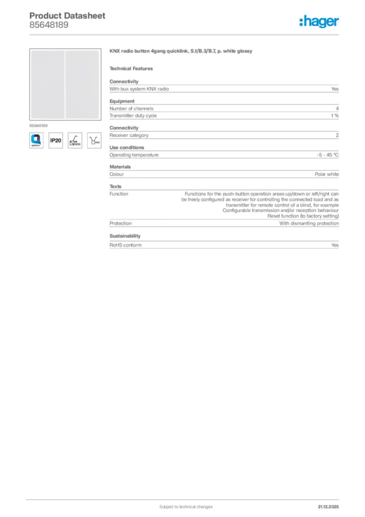 Image Hager Product data sheet 85648189  | Hager Africa