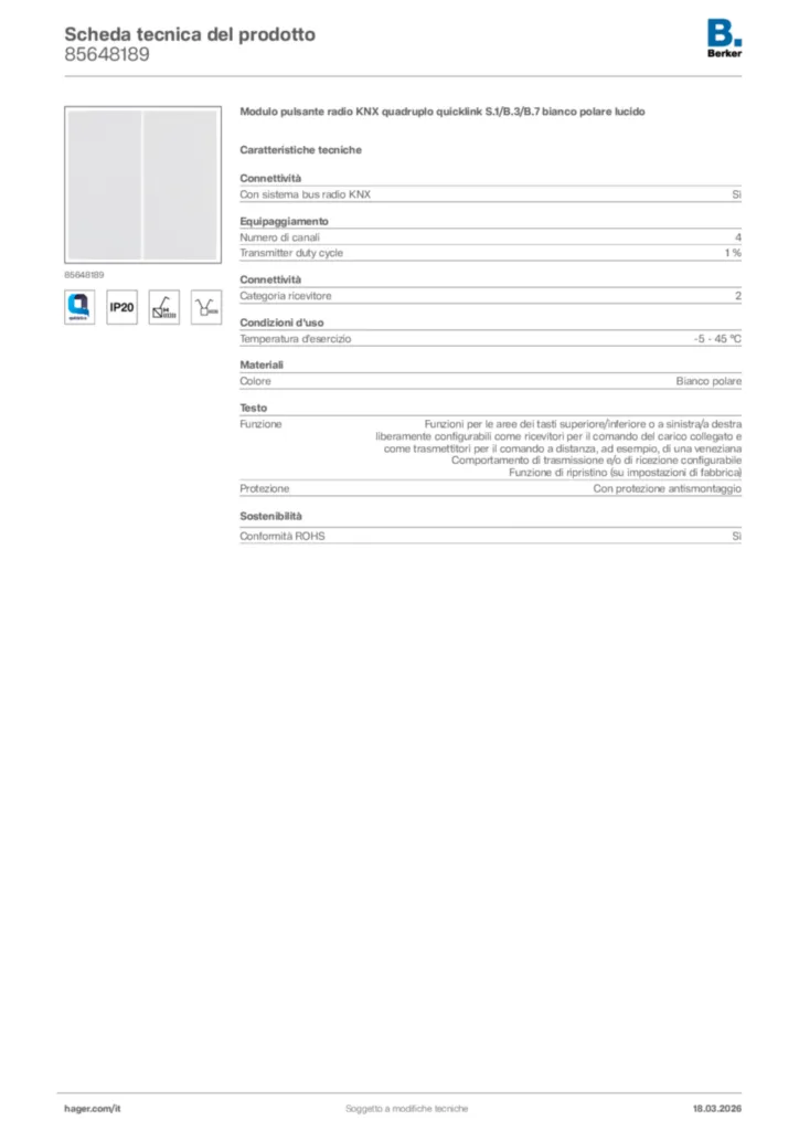 Immagine Berker Scheda tecnica del prodotto 85648189 | Hager Italia