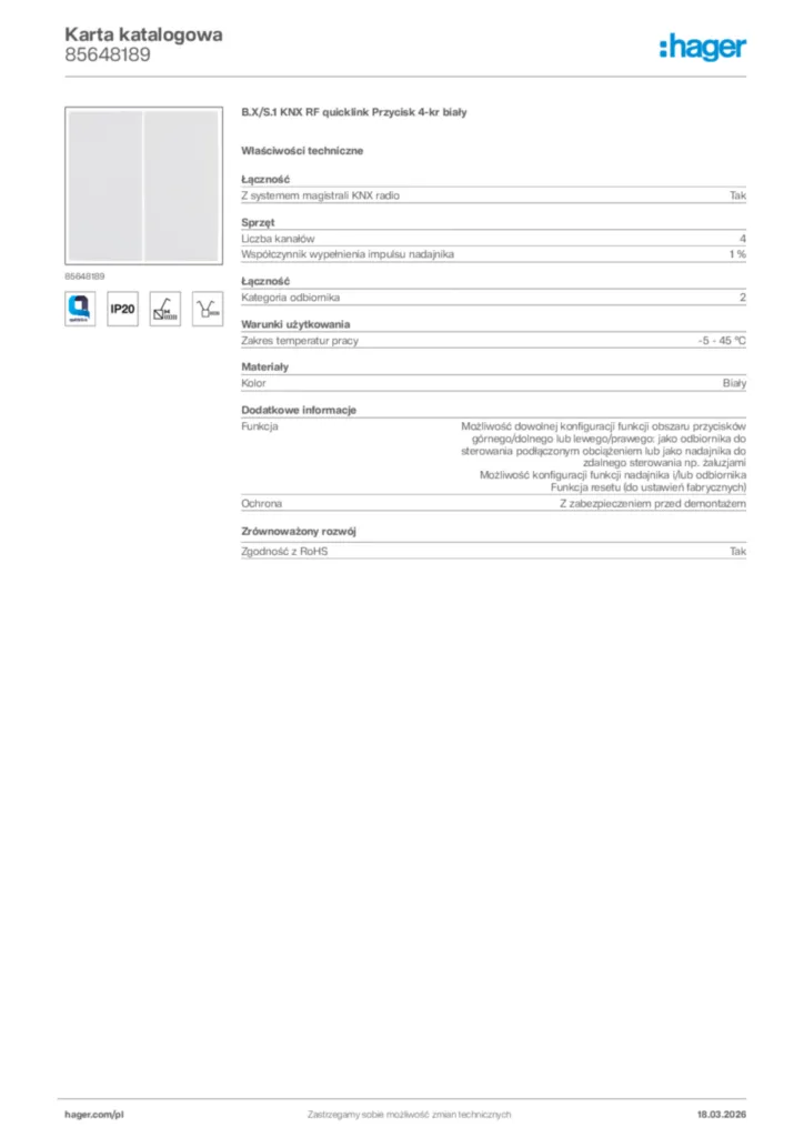 Zdjęcie Hager Karta katalogowa 85648189 | Hager Polska
