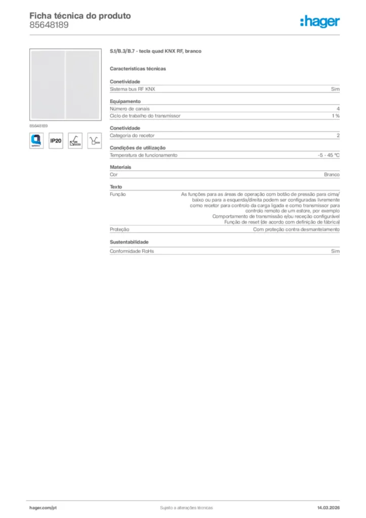 Imagem Hager Ficha técnica do produto 85648189 | Hager Portugal