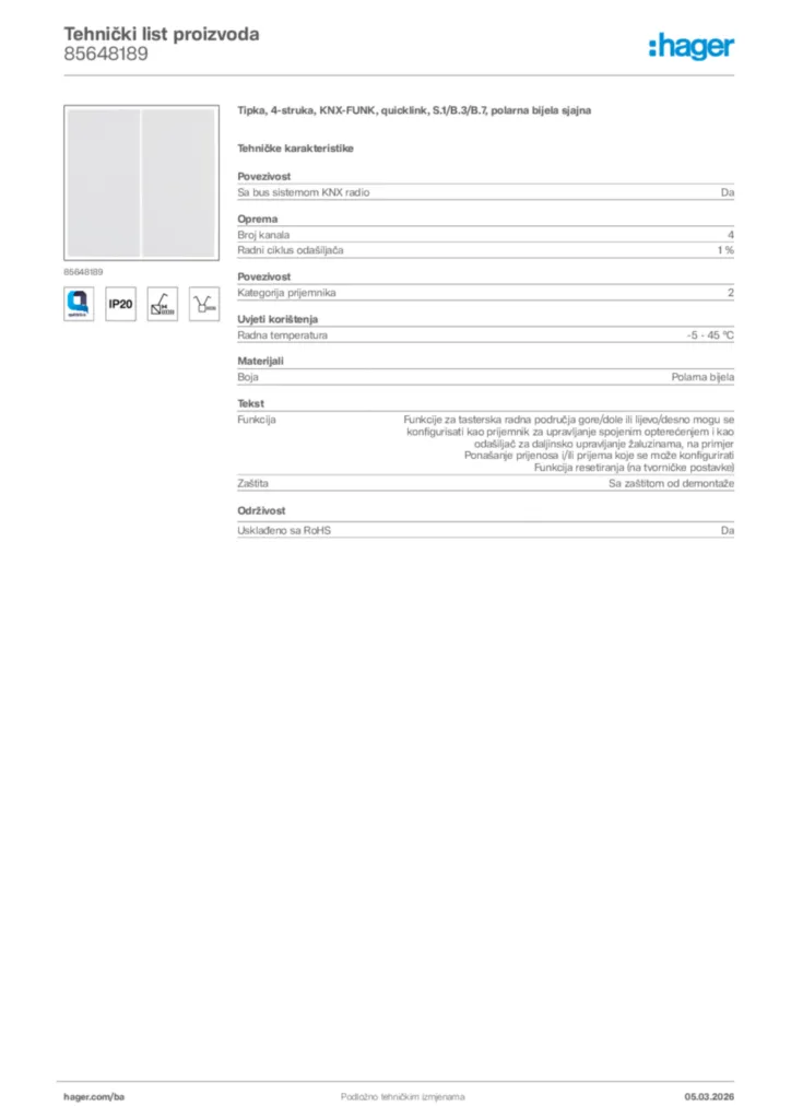 Slika Hager Tehnički list proizvoda 85648189  | Hager