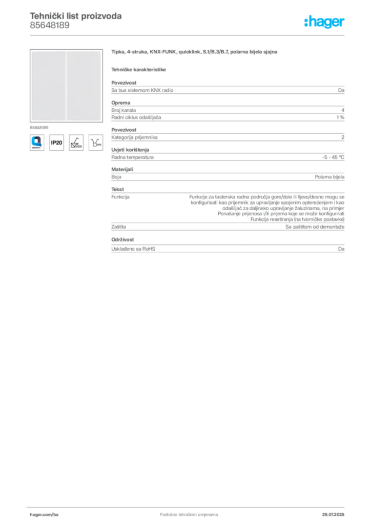 Slika Hager Product data sheet 85648189  | Hager