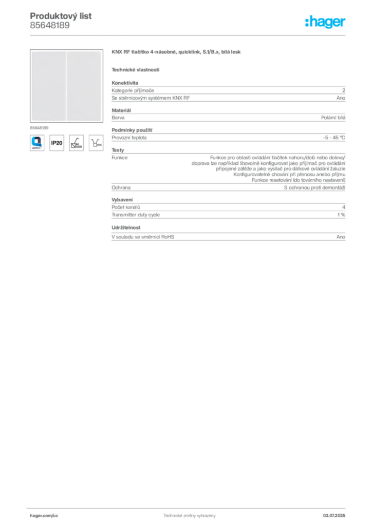Obrázek Hager Produktový list 85648189 | Hager