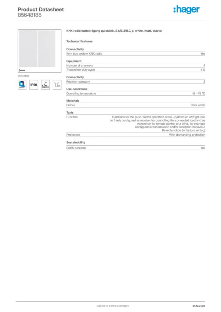 Image Hager Product data sheet 85648188  | Hager Africa