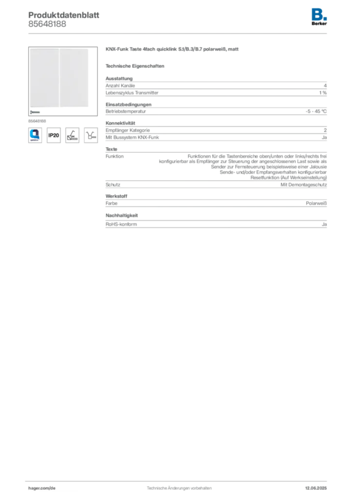 Bild Berker Produktdatenblatt 85648188 | Hager Deutschland