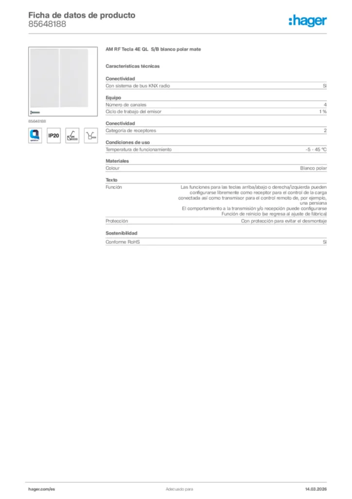 Imagen Hager Ficha de datos de producto 85648188 | Hager España