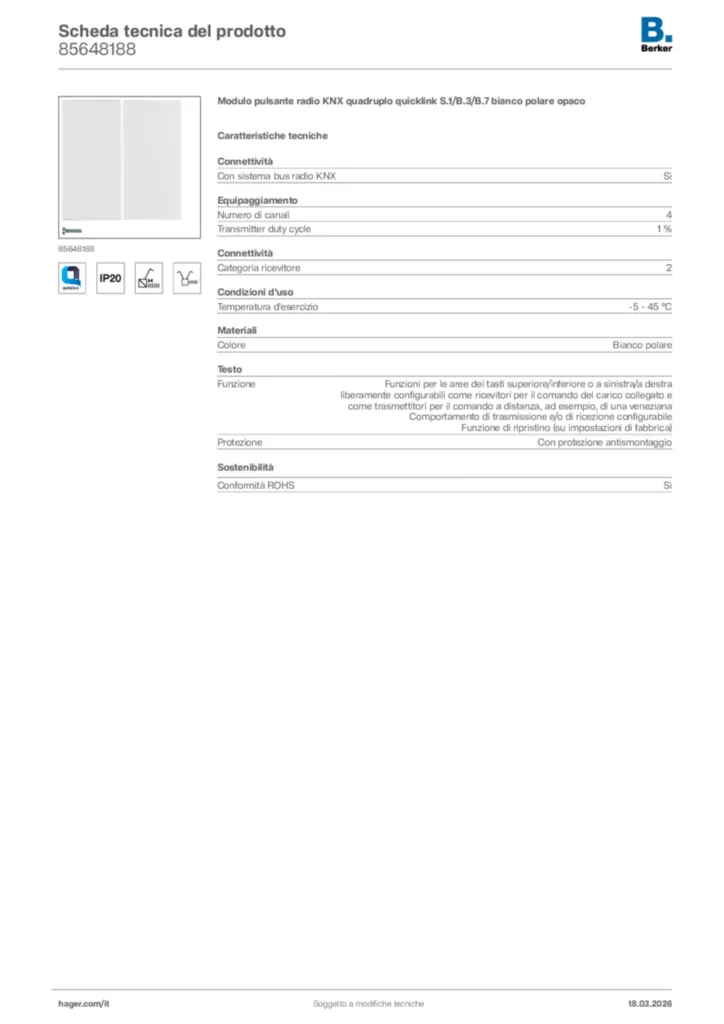 Immagine Berker Scheda tecnica del prodotto 85648188 | Hager Italia