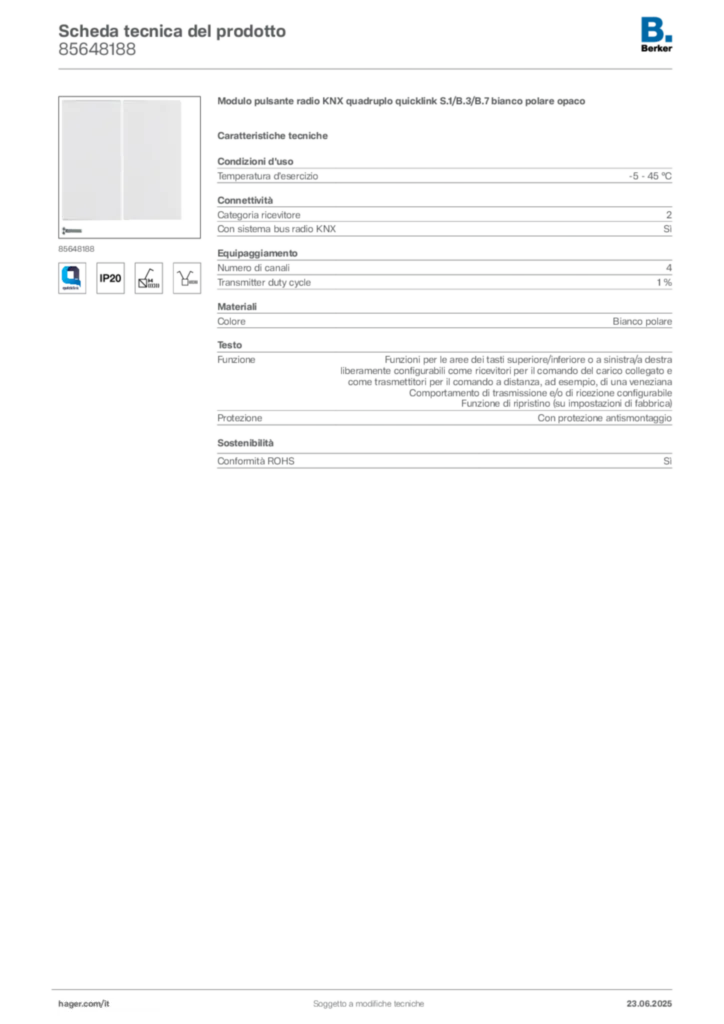 Immagine Berker Scheda tecnica del prodotto 85648188 | Hager Italia