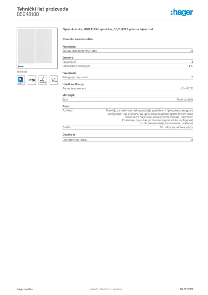 Slika Hager Tehnički list proizvoda 85648188  | Hager