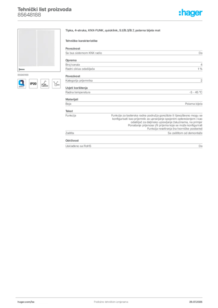 Slika Hager Product data sheet 85648188  | Hager