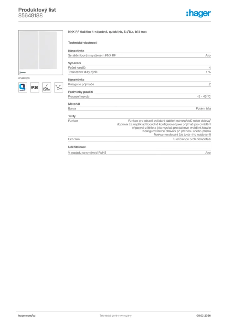 Obrázek Hager Product data sheet 85648188 | Hager