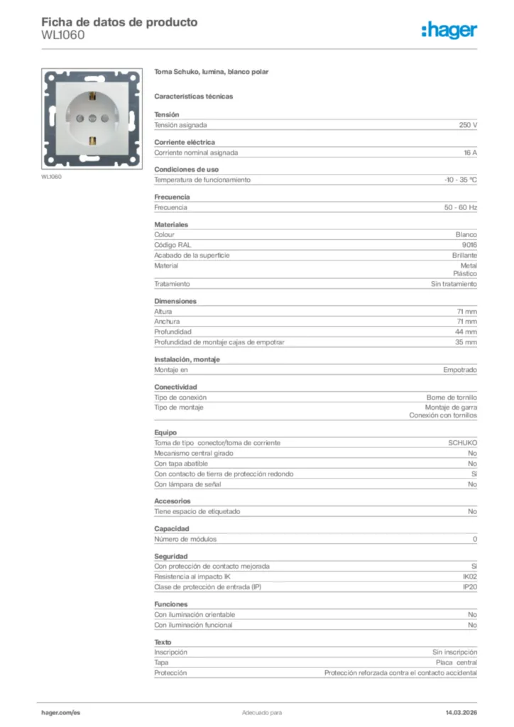 Imagen Hager Ficha de datos de producto WL1060 | Hager España