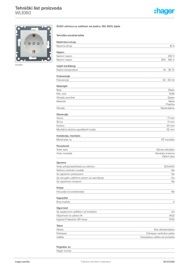 Slika Hager Product data sheet WL1060  | Hager