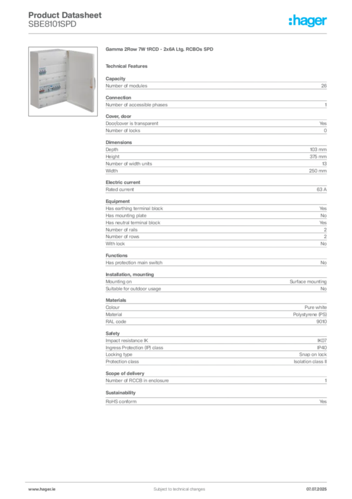 Image Hager Product data sheet SBE8101SPD  | Hager