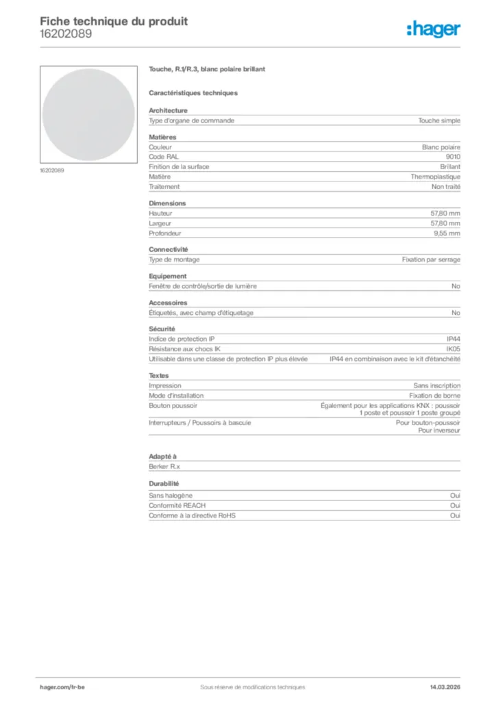 Image Hager Fiche technique du produit 16202089 | Hager Belgique