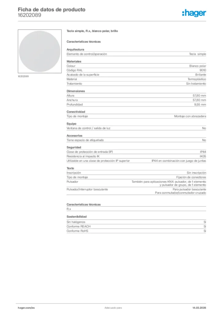 Imagen Hager Ficha de datos de producto 16202089 | Hager España