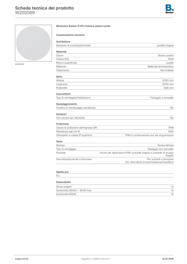 Immagine Berker Scheda tecnica del prodotto 16202089 | Hager Italia