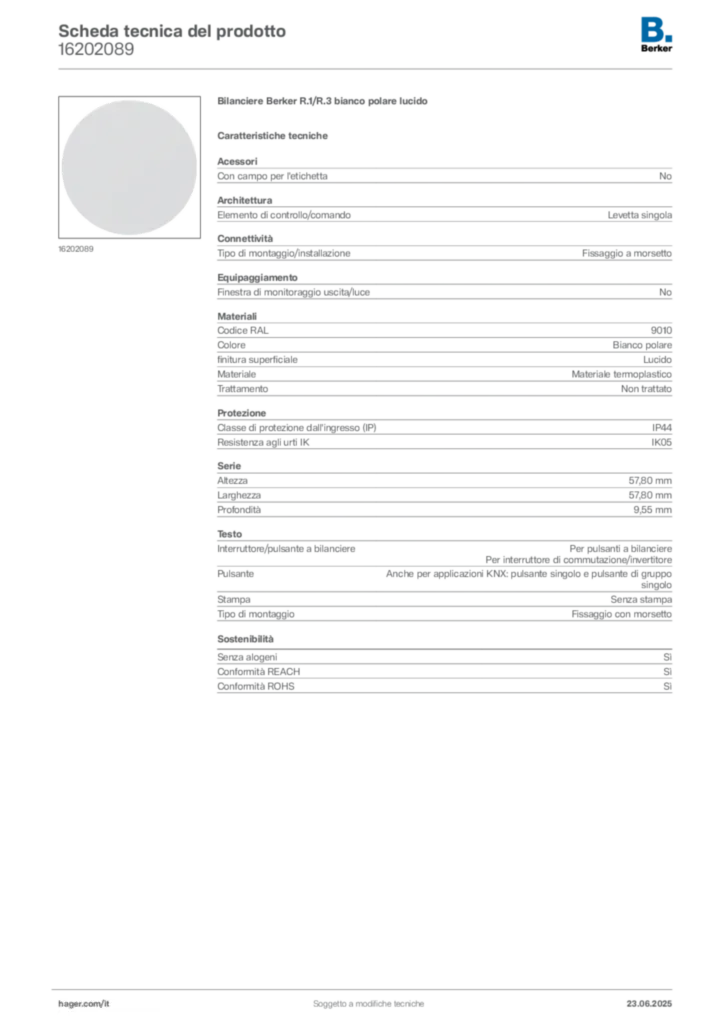 Immagine Berker Scheda tecnica del prodotto 16202089 | Hager Italia