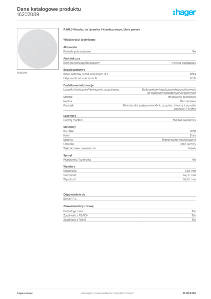 Zdjęcie Hager Dane katalogowe produktu 16202089 | Hager Polska
