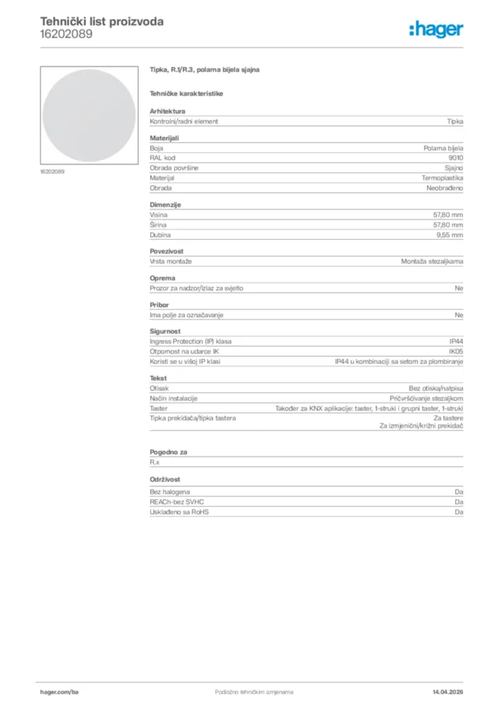 Slika Hager Tehnički list proizvoda 16202089  | Hager
