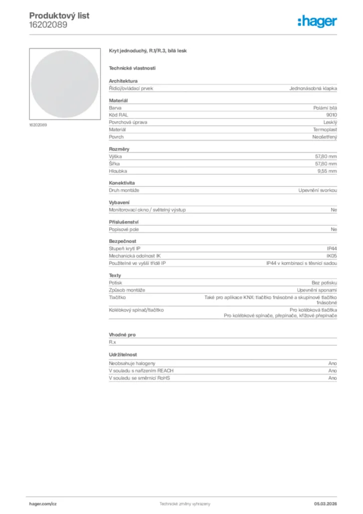 Obrázek Hager Product data sheet 16202089 | Hager