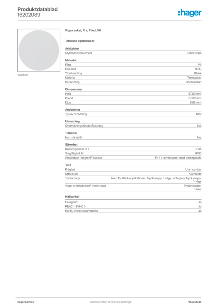 Bild Hager Produktdatablad 16202089 | Hager Sverige