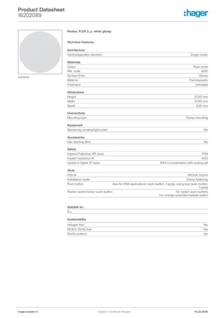 Image Hager Product data sheet 16202089  | Hager