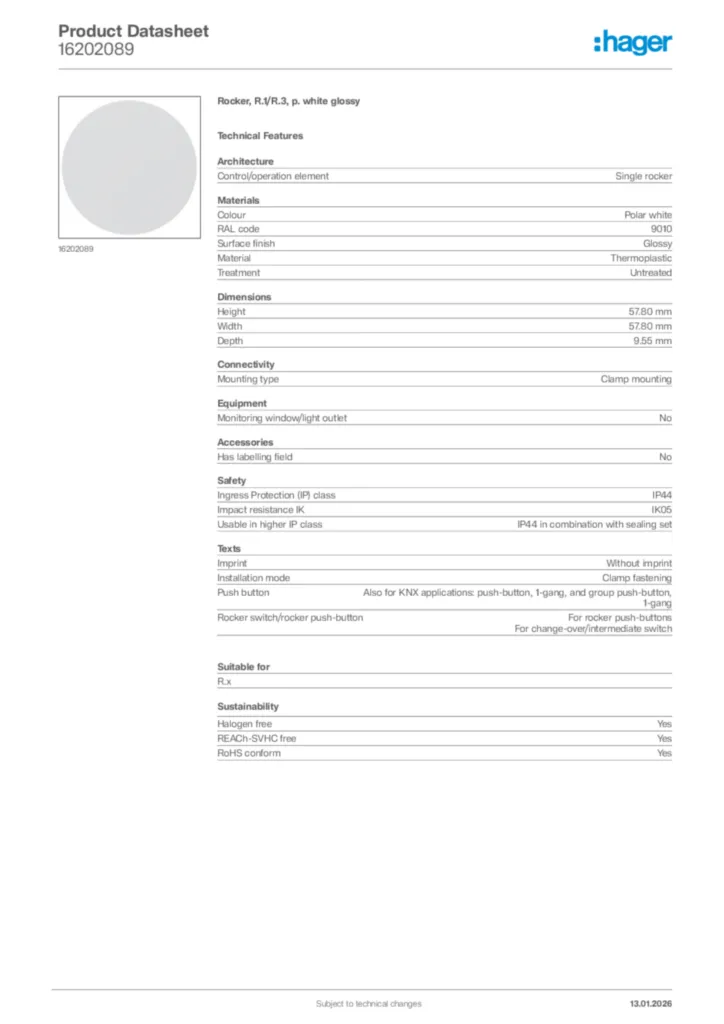 Image Hager Product data sheet 16202089  | Hager