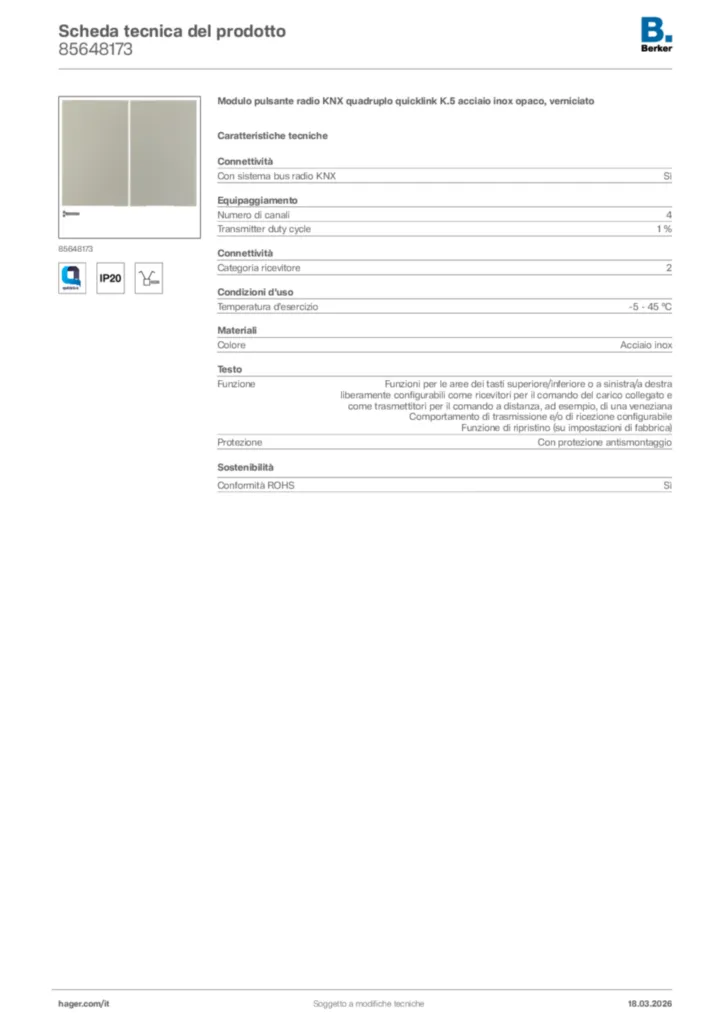 Immagine Berker Scheda tecnica del prodotto 85648173 | Hager Italia