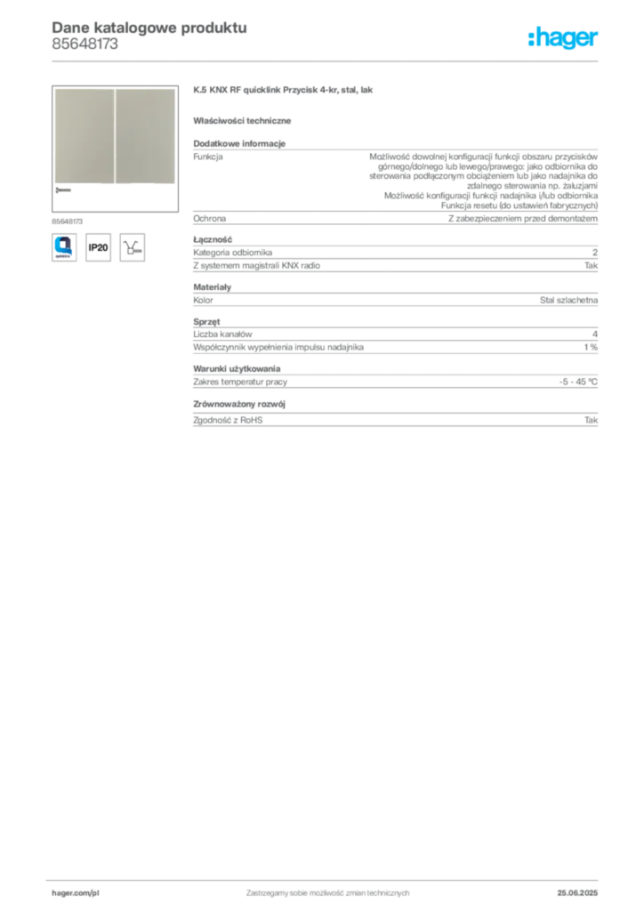 Zdjęcie Hager Dane katalogowe produktu 85648173 | Hager Polska