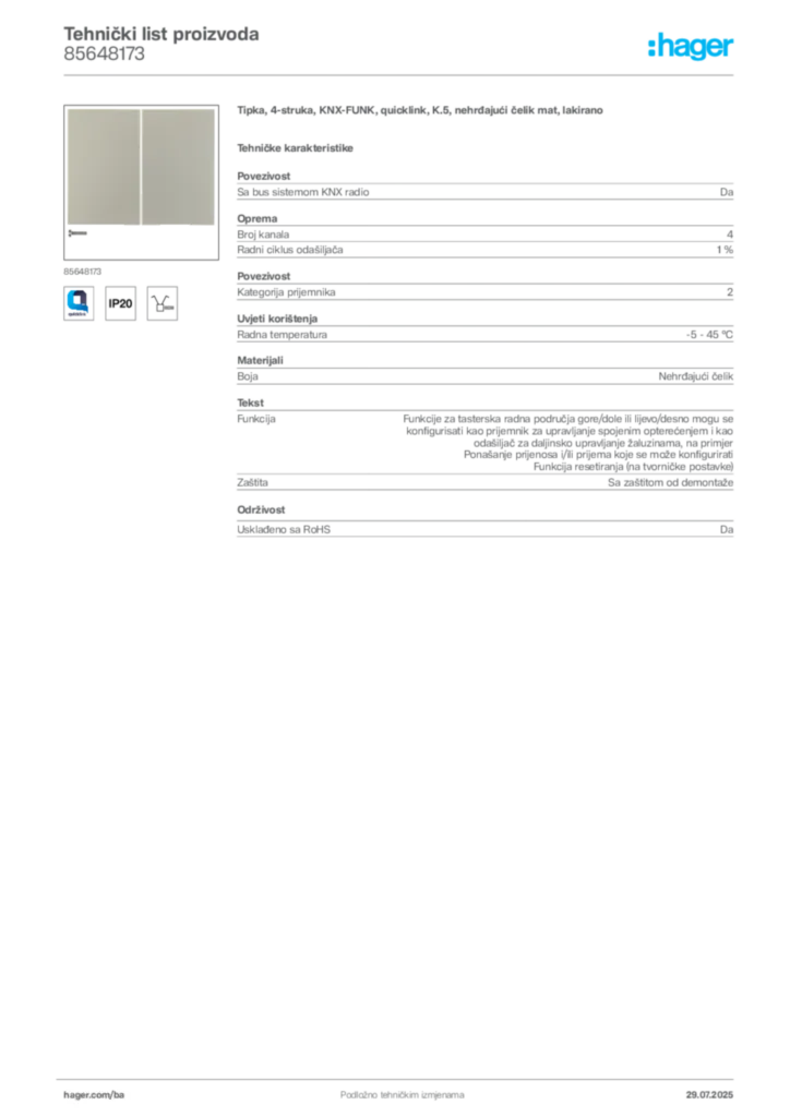 Slika Hager Product data sheet 85648173  | Hager