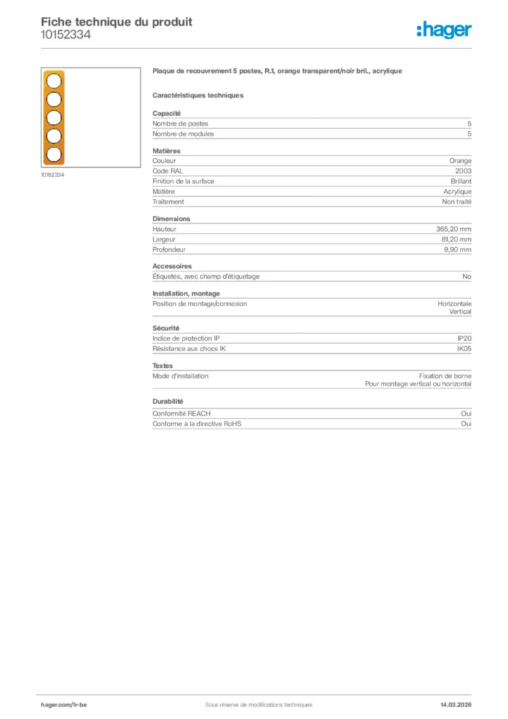 Image Hager Fiche technique du produit 10152334 | Hager Belgique