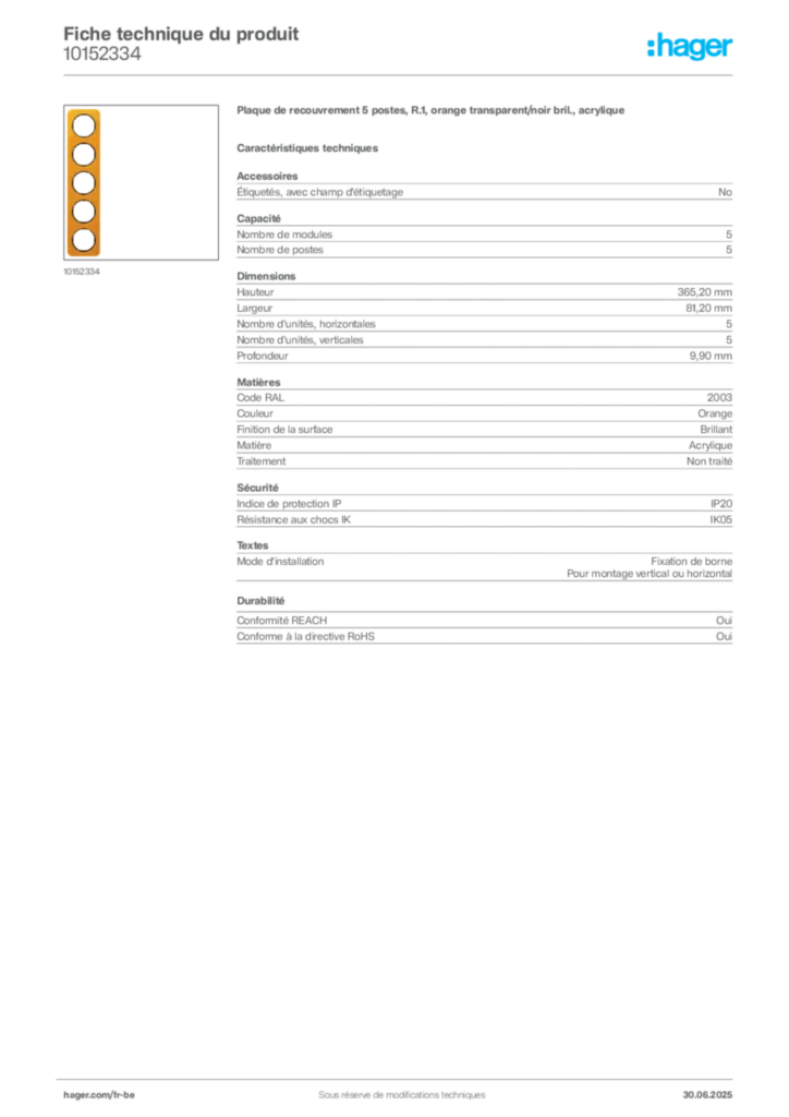 Image Hager Fiche technique du produit 10152334 | Hager Belgique