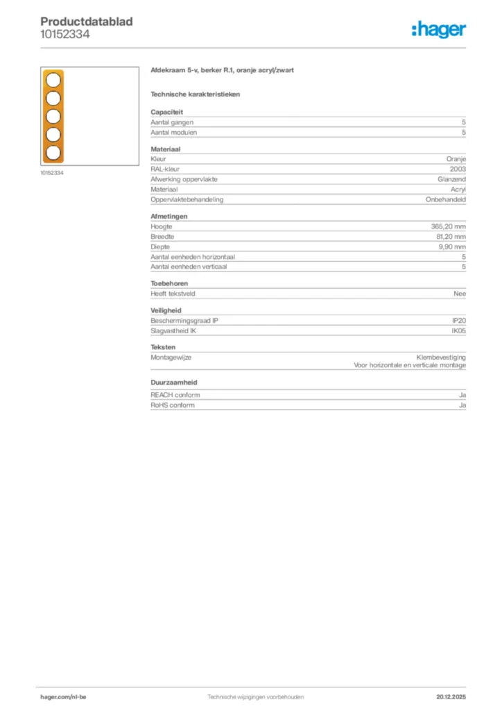 Afbeelding Hager Productdatablad 10152334 | Hager Belgium