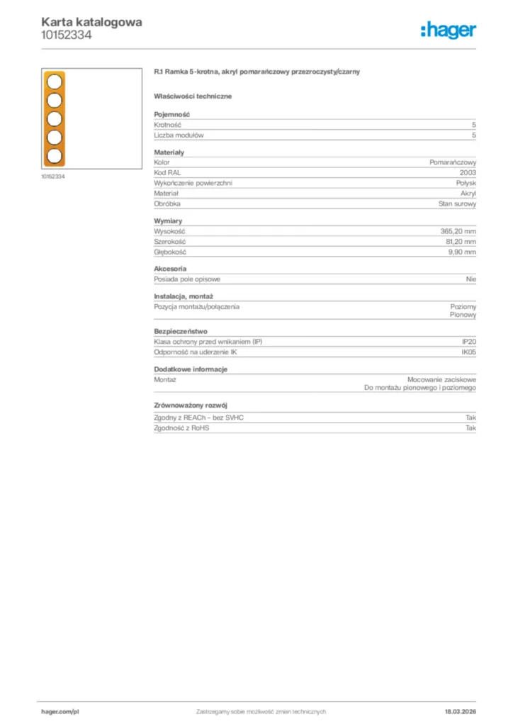 Zdjęcie Hager Karta katalogowa 10152334 | Hager Polska