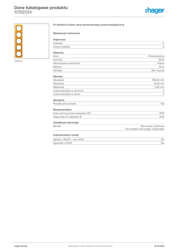 Zdjęcie Hager Dane katalogowe produktu 10152334 | Hager Polska