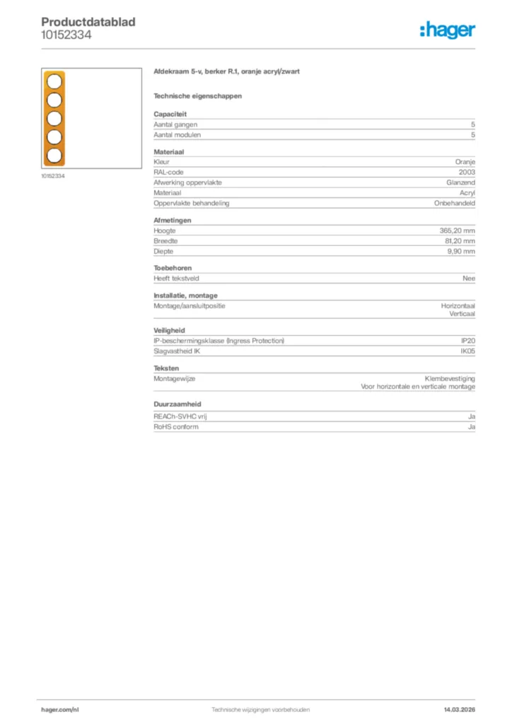 Afbeelding Hager Productdatablad 10152334 | Hager Nederland