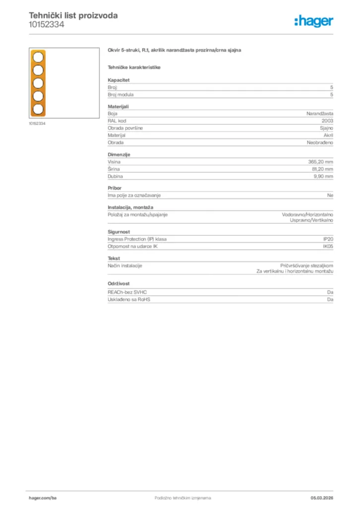 Slika Hager Tehnički list proizvoda 10152334  | Hager