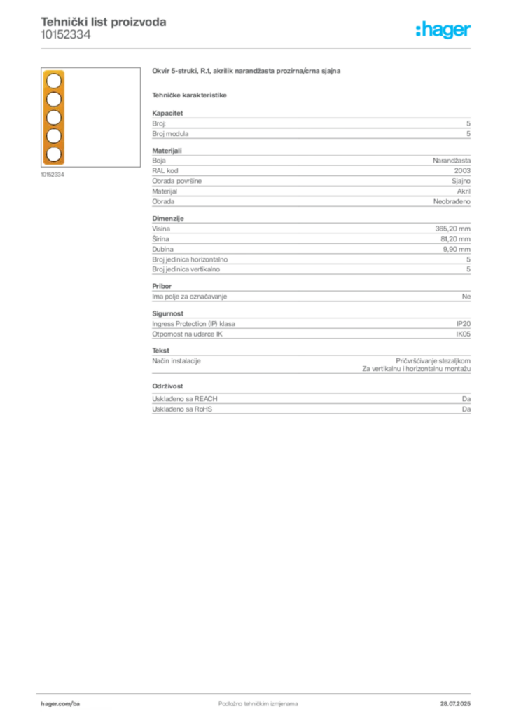 Slika Hager Product data sheet 10152334  | Hager