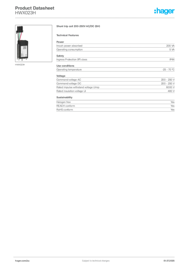 Image Hager Product data sheet HWX023H  | Hager Australia