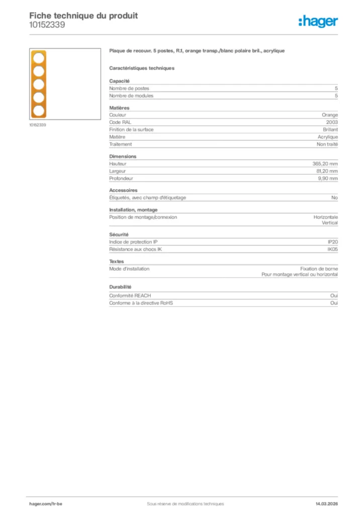 Image Hager Fiche technique du produit 10152339 | Hager Belgique