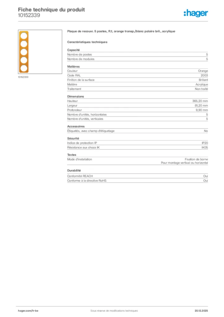 Image Hager Fiche technique du produit 10152339 | Hager Belgique