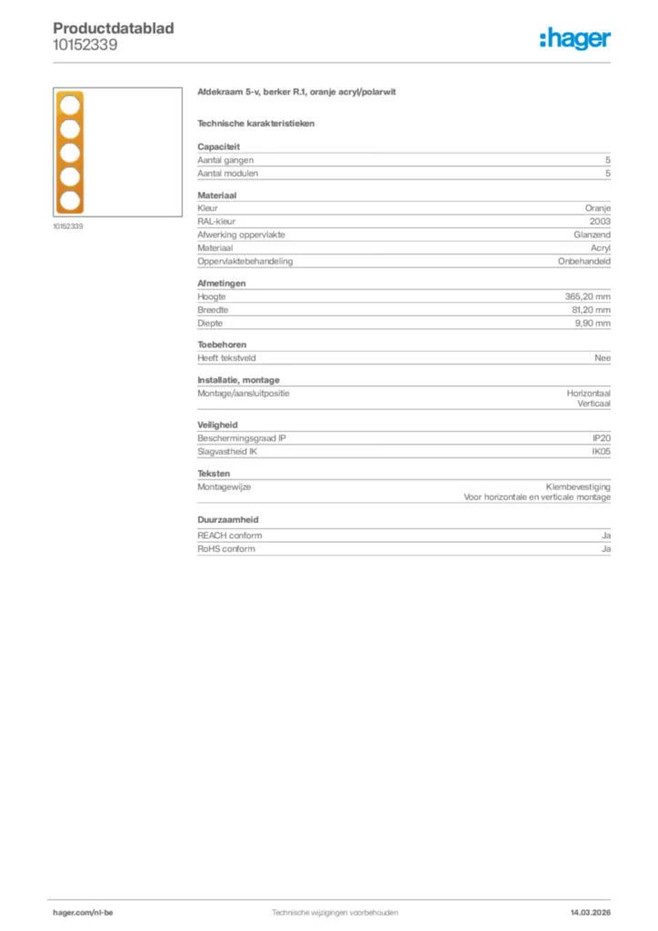 Afbeelding Hager Productdatablad 10152339 | Hager Belgium